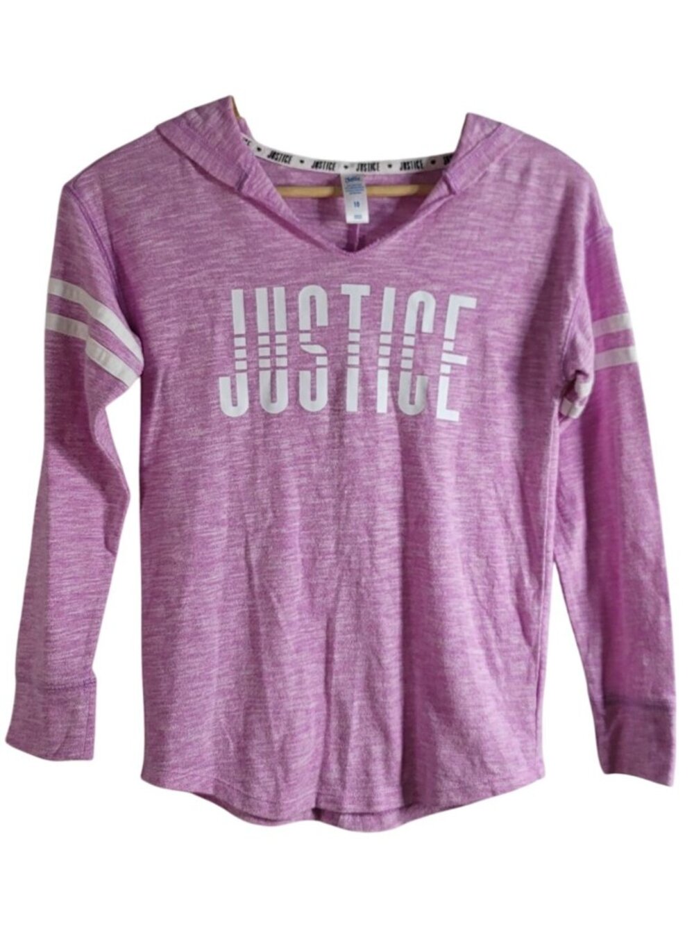 Justice Girls Hoodie Pullover Top Purple Size 10 Ringer Logo Long Sleeve V Neck